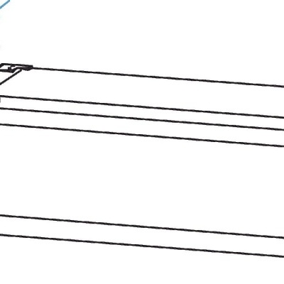 Estrutura metálica retangular com cantos e pés redondos, desenho técnico com dimensões