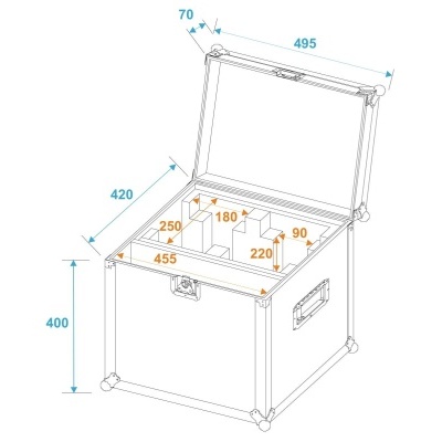Estojo de transporte aberto com compartimentos internos e medidas