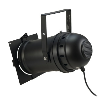 Refletor de palco preto com estrutura metálica e suporte ajustável