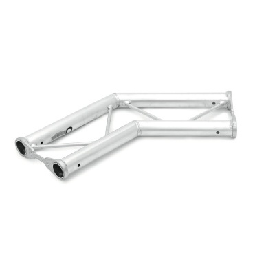 Estrutura metálica angular prateada com acabamento liso e buracos nas extremidades