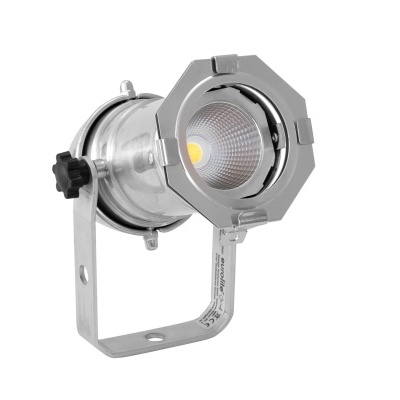 Projetor LED metálico prateado com suporte