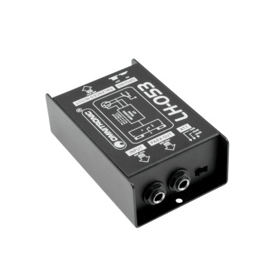 Peça eletrónica preta com conexões jack e diagrama branco no topo