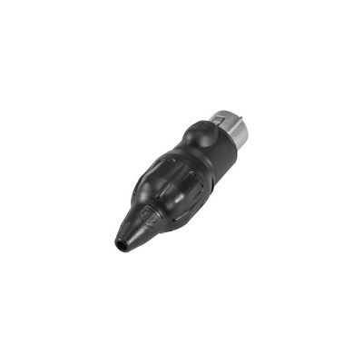 Peça técnica preta de plástico e metal sobre fundo branco