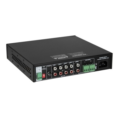 Amplificador de áudio preto com várias conexões e entrada de energia