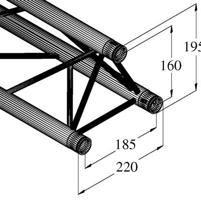 estrutura tubular com três tubos paralelos e medidas em milímetros