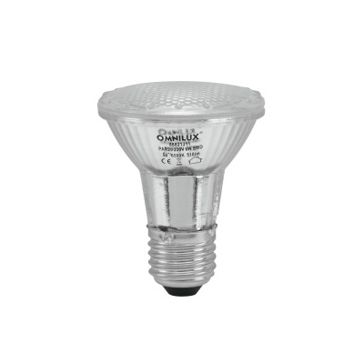 Lâmpada de holofote Omnilux transparente com base metálica em fundo branco