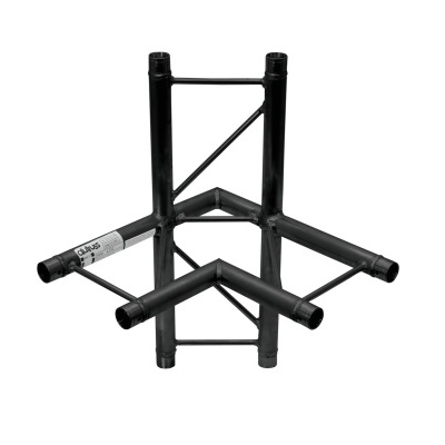 Estrutura metálica preta com tubos cilíndricos e etiqueta branca