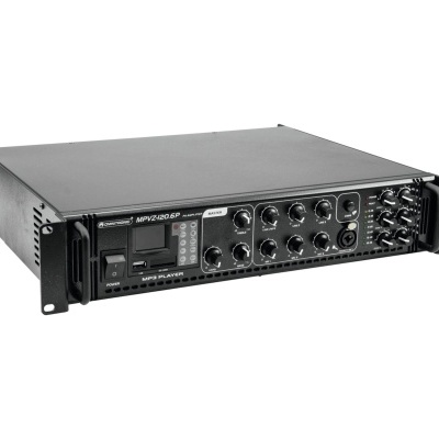 Amplificador preto com visor digital e botões giratórios