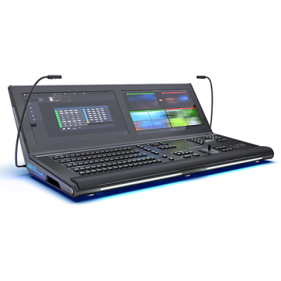 Mesa de mistura e controlo de vídeo preta com botões e ecrãs coloridos