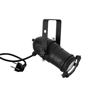 Projetor de iluminação preto com suporte ajustável e cabo elétrico