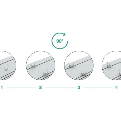Quatro imagens circulares mostrando posições diferentes de um suporte metálico branco com ganchos.