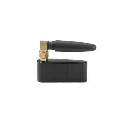 Dispositivo eletrónico preto com antena preta e conetor dourado