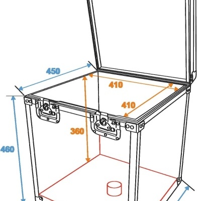 Desenho técnico de caixa com tampa aberta e dimensões em milímetros