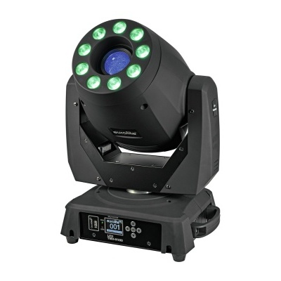 Luminária moving head profissional com LEDs verdes e azuis, estrutura preta e visor digital.