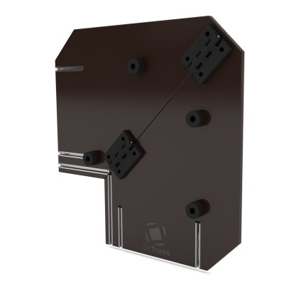 Produto castanho escuro com base transparente e componentes fixados num fundo branco.