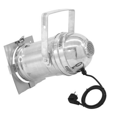 Projetor de luz metálico prateado com suporte e cabo preto