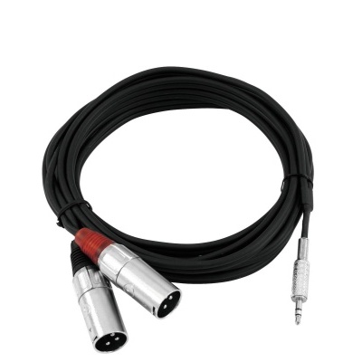 Cabo de áudio preto com conectores XLR prateados e jack 3.5mm