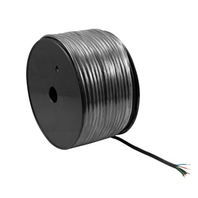 Rolo de cabo elétrico negro com fios desnudos em carretel preto