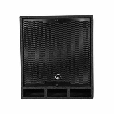 Coluna de som preta com grelha perfurada hexagonal e três saídas de som retangulares