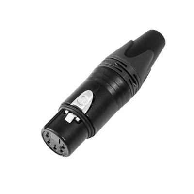 Conector de cabo XLR preto com botão branco e corpo metálico