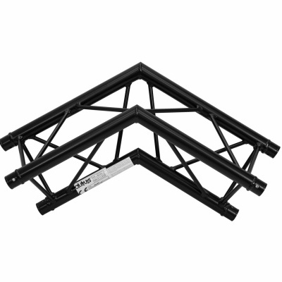 Cantoneiras metálicas pretas com estrutura tubular e rótulo branco.