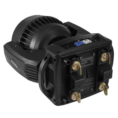 Altifalante profissional preto com fixadores metálicos dourados e ventoinha