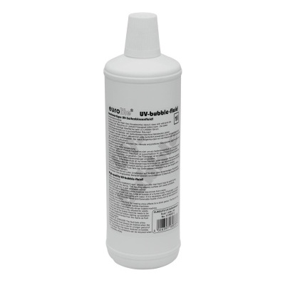 Frasco branco de líquido UV-bubble-fluid com rótulo preto e branco