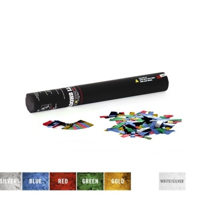 Tubo preto de lança confetes com confetes coloridos espalhados em fundo branco