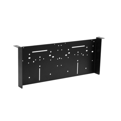 Suporte metálico preto com furos e aberturas para montagem