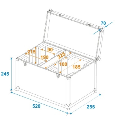 Mala ou caixa dividida com medidas em milímetros e tampa aberta