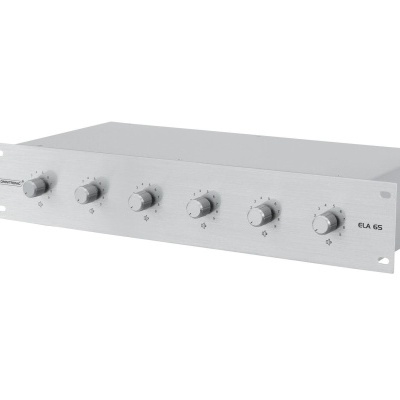 Amplificador de áudio cinza com seis botões circulares e texto CLA 625