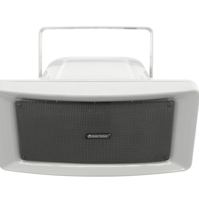 Caixa de som retangular branca com grelha preta e texto 'QUANTUM'