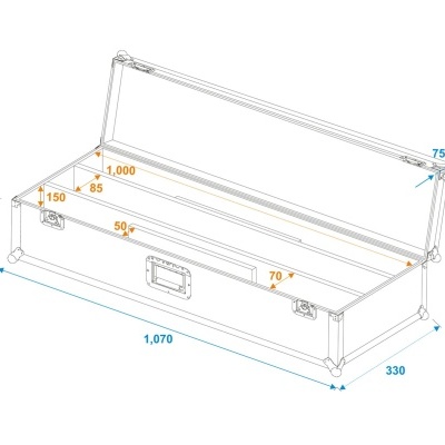 Desenho técnico de um baú aberto com dimensões indicadas em milímetros