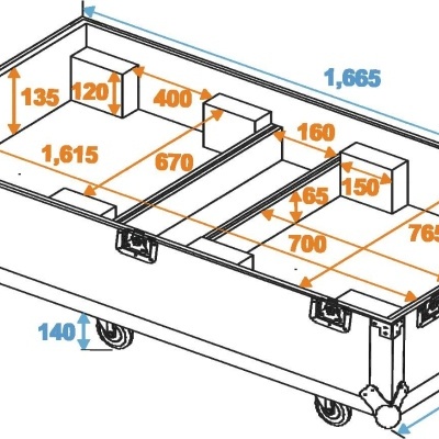Diagrama com medidas de mala de transporte retangular com rodas e fechaduras