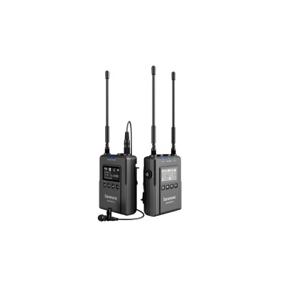 Conjunto de microfone sem fios preto Saramonic com duas unidades e microfone de lapela