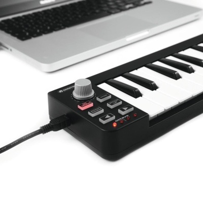 Teclado midi preto e branco ligado a portátil prateado