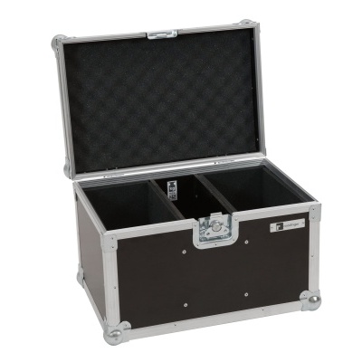 Mala de transporte preta aberta com divisórias e espuma interior acolchoada