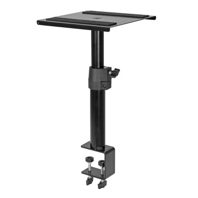 Suporte de mesa ajustável em metal preto com base de fixação