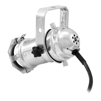 Luz de palco pequena em metal prateado com suporte e cabo preto