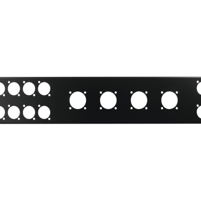 Painel frontal metálico preto com várias aberturas circulares para componentes eletrónicos