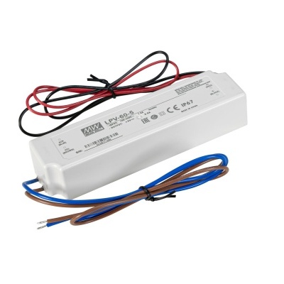 Transformador elétrico branco Mean Well modelo ELV-80-3 com fios coloridos