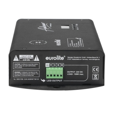 Dispositivo eletrônico Eurolite preto com conectores e etiquetas brancas