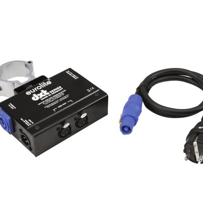 Interface Eurolite dmx splitter PRO preta com cabo de alimentação e suporte de fixação