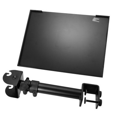 Suporte metálico preto com base rectangular e braço ajustável sobre fundo branco