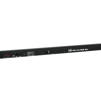 Barra LED preta com texto branco e conectores sobre fundo branco