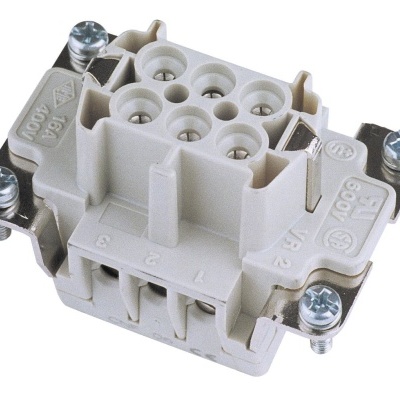 Conector elétrico branco e cinzento com parafusos metálicos e inscrições técnicas