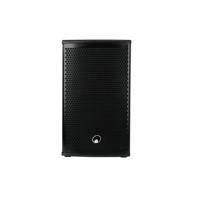 Coluna de som preta com padrão hexagonal na frente e logótipo branco