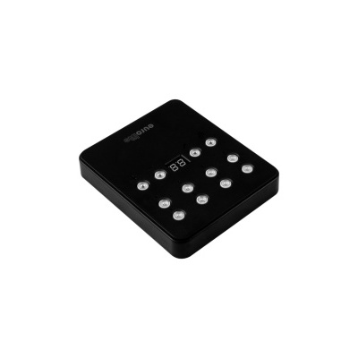 Comando remoto preto com botões brancos e visor digital