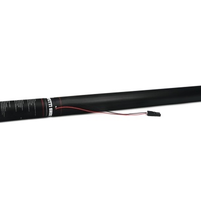 Tubo preto cilíndrico com etiquetas e texto para fogo de artifício