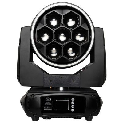 Luz profissional moving head preta com sete lentes em padrão hexagonal